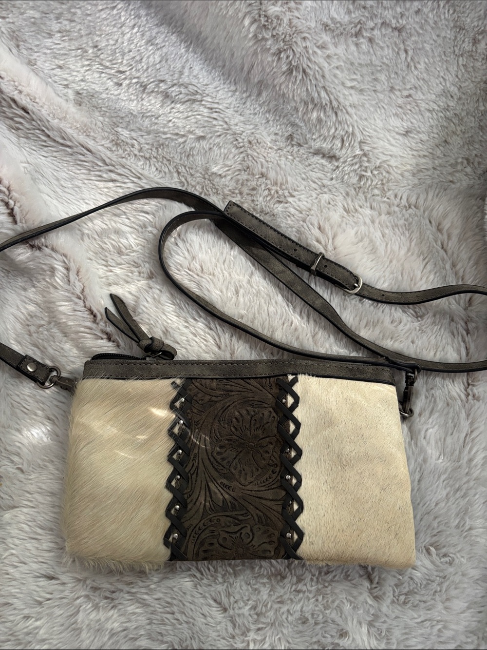 Small Grey Cowhide & Tooled Leather Crossbody Bag